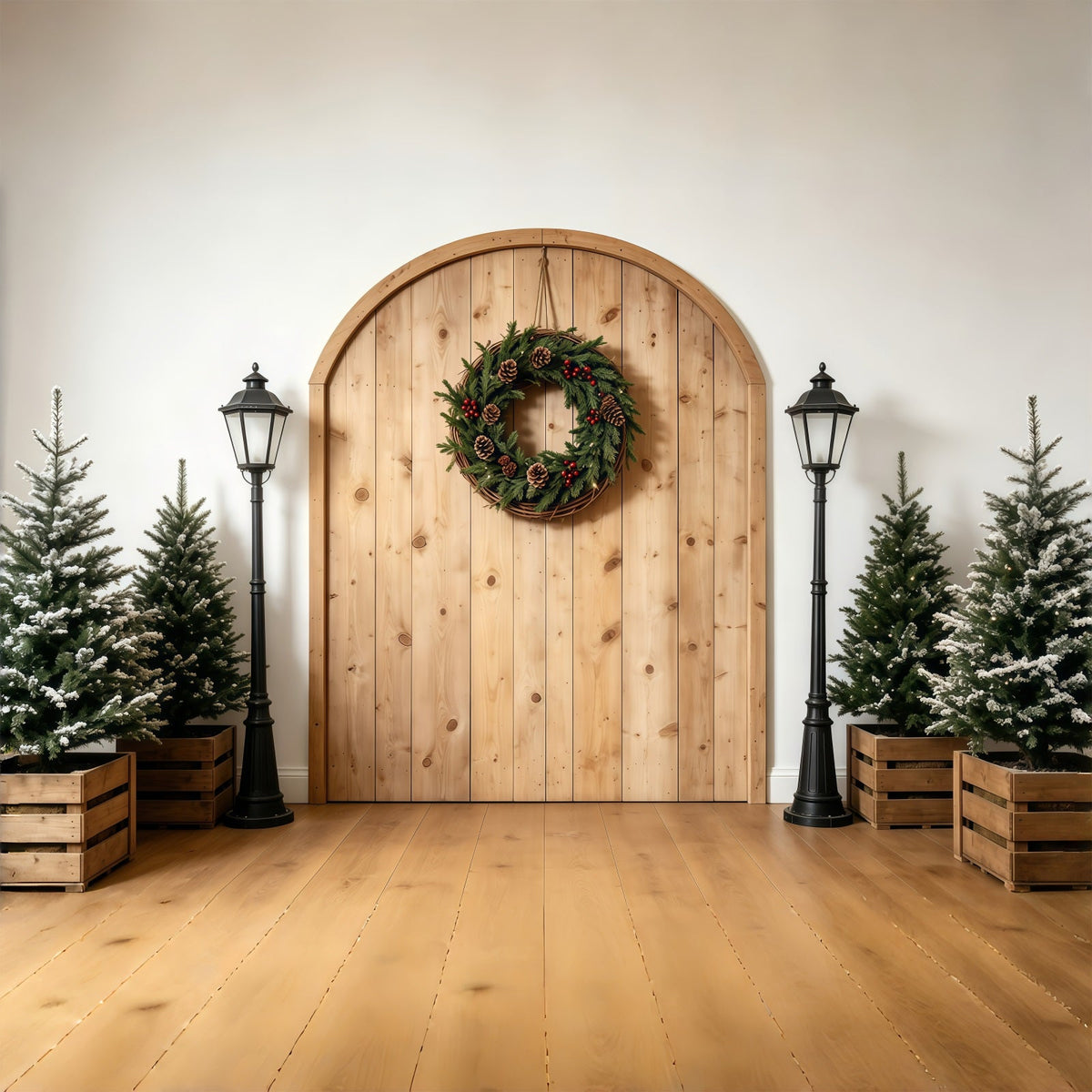 Fond De Noël Simple Entrée Avec Arche Rustique Et Couronne Fond En Mousseline De Noël GQ68-75