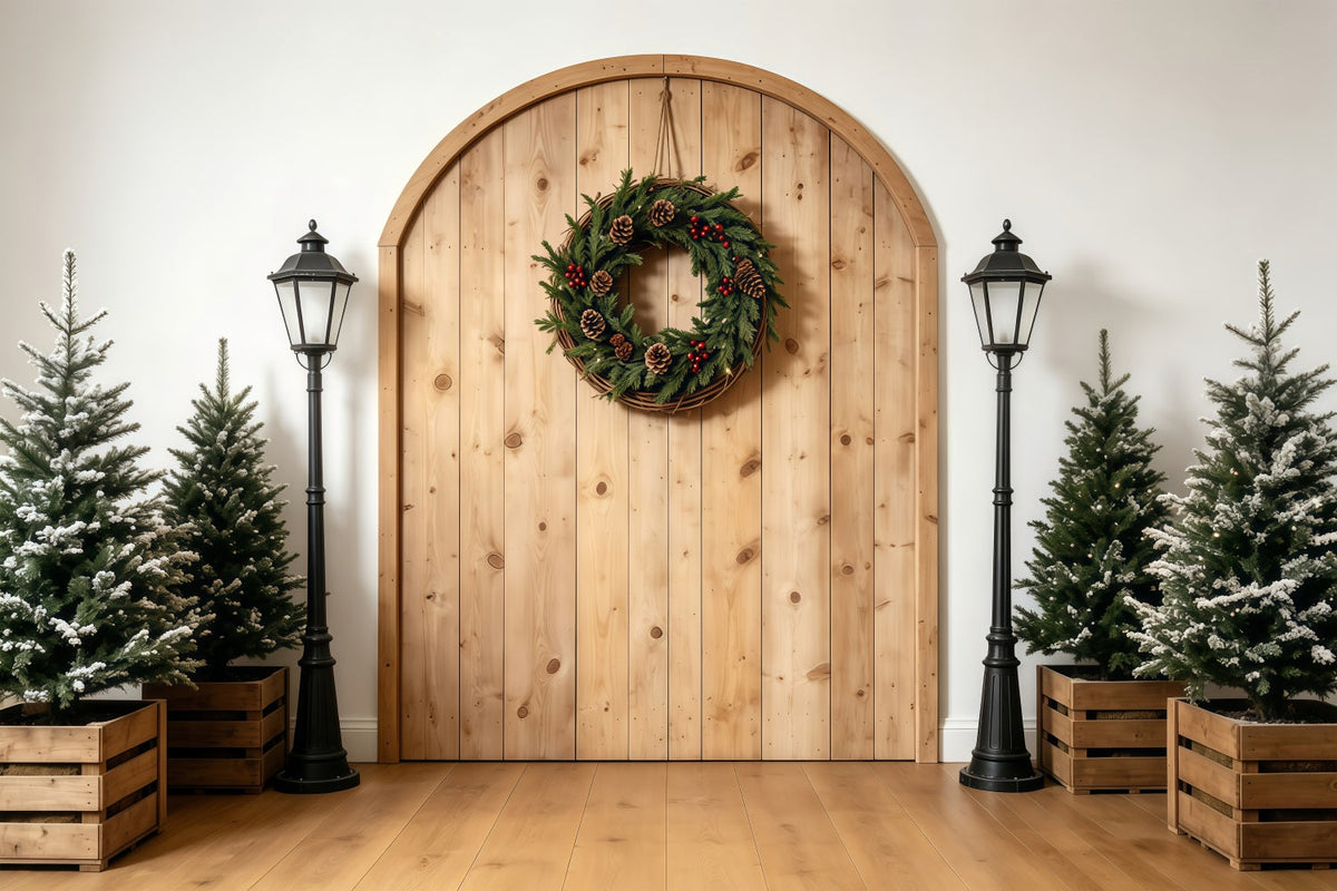Fond De Noël Simple Entrée Avec Arche Rustique Et Couronne Fond En Mousseline De Noël GQ68-75