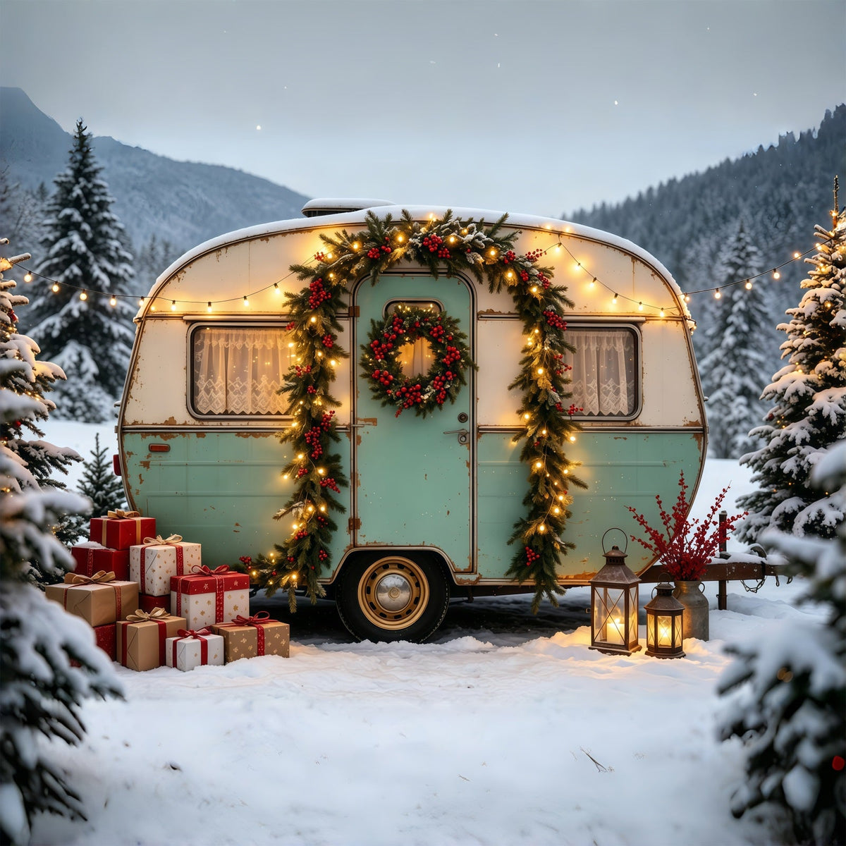 Décor De Camping-Car De Noël Forêt De Camions Vintage Décors Photographiques De Noël GQ68-76