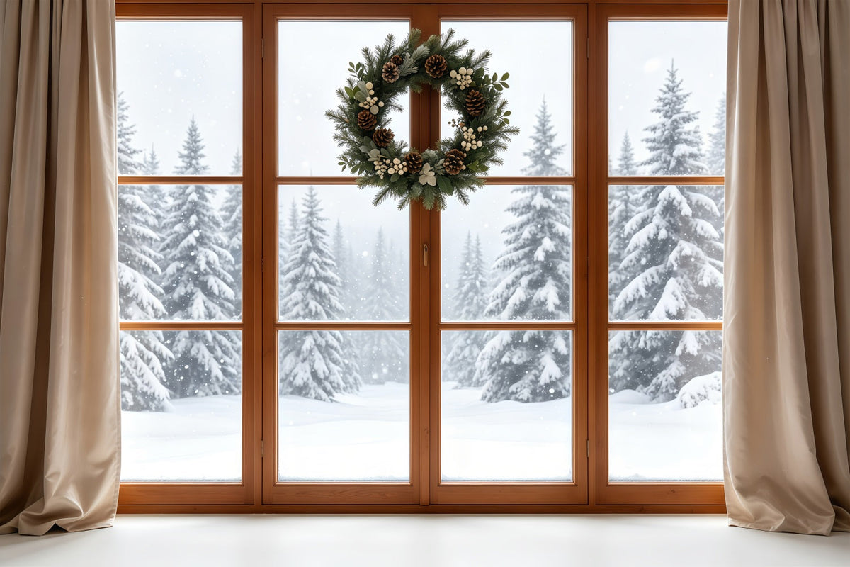 Décor De Vitrine De Noël Couronne Rustique Forêt Enneigée Décor Photo De Noël GQ68-80