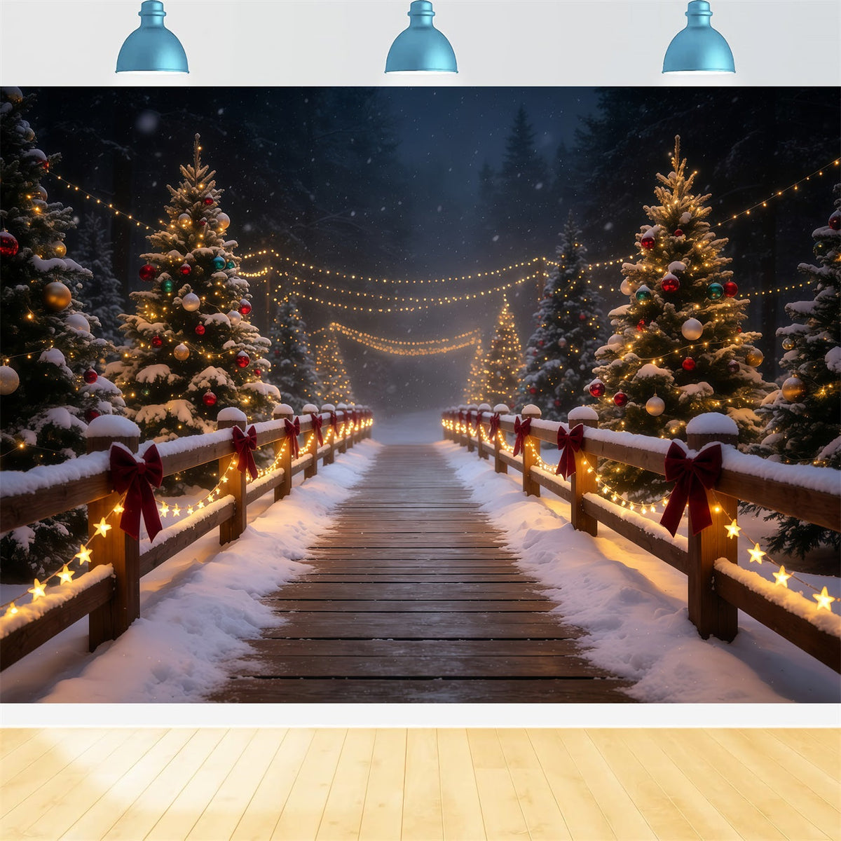 Décor De Noël Enneigé Chemin Du Pont De La Forêt Lumineuse Décor Photographique De Noël GQ68-83