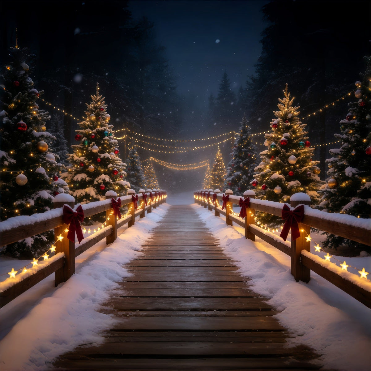 Décor De Noël Enneigé Chemin Du Pont De La Forêt Lumineuse Décor Photographique De Noël GQ68-83