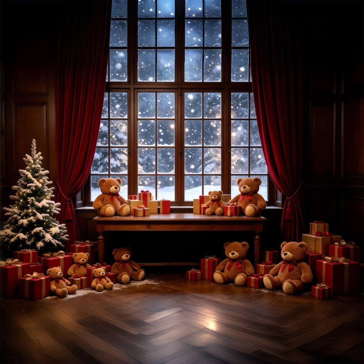 Décor De Noël Chaleureux Vitrine D'Ours En Peluche Décors Photographiques De Noël GQ68-85
