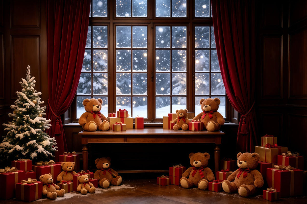 Décor De Noël Chaleureux Vitrine D'Ours En Peluche Décors Photographiques De Noël GQ68-85