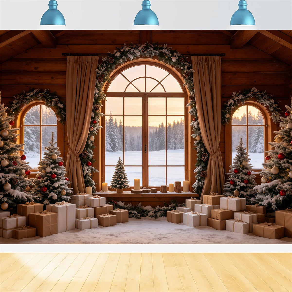 Décor De Cabane De Noël Vue Depuis La Fenêtre D'Une Maison Rustique Fond Photo De Noël GQ68-86