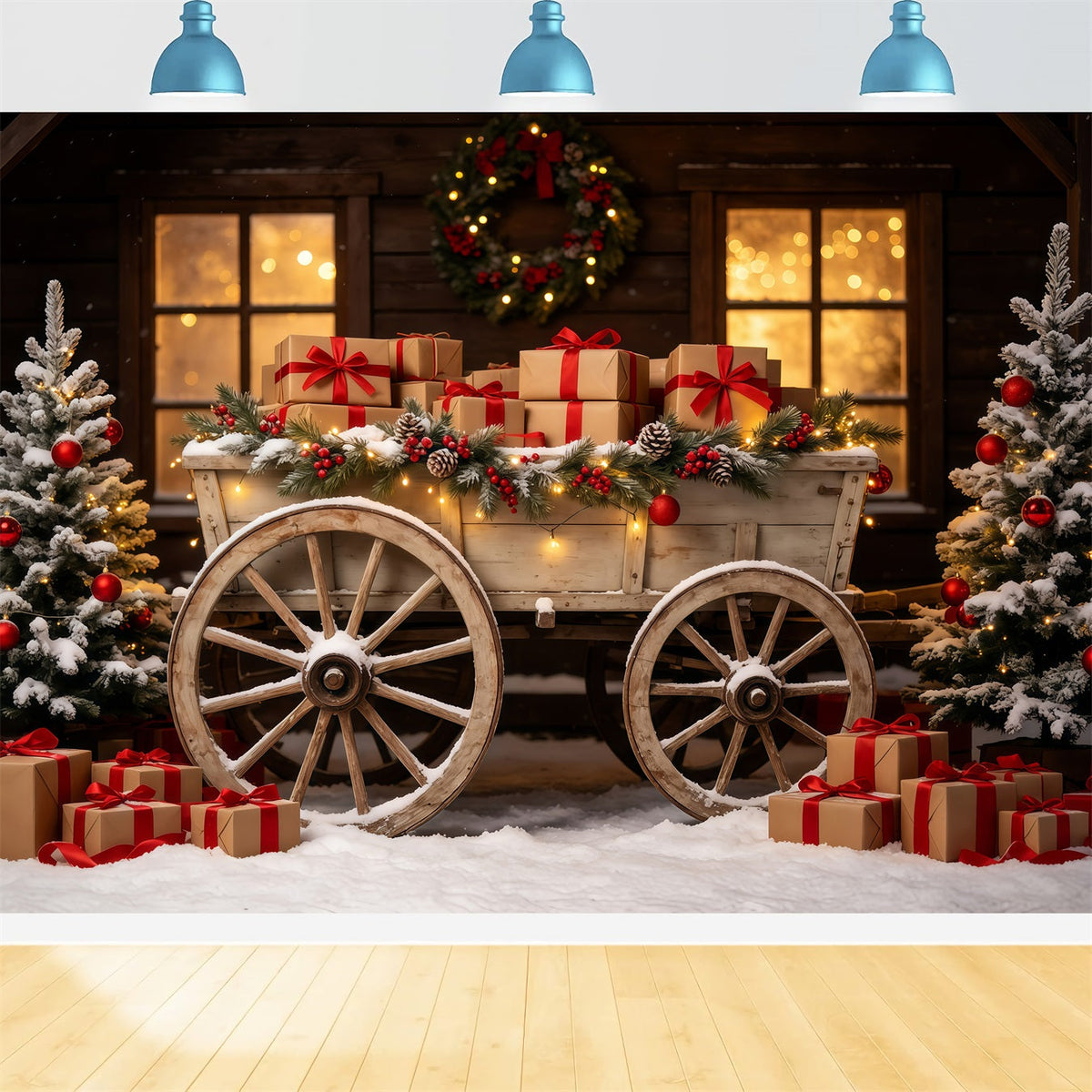 Décor De Noël Extérieur Présentoir À Cadeaux En Chariot Rustique Décor Photographique De Noël GQ68-92