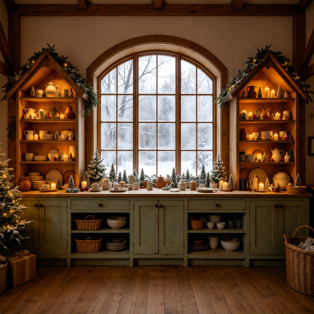 Décor De Cuisine De Noël Cuisine Confortable Fenêtre Enneigée Décors Muraux De Noël GQ68-95