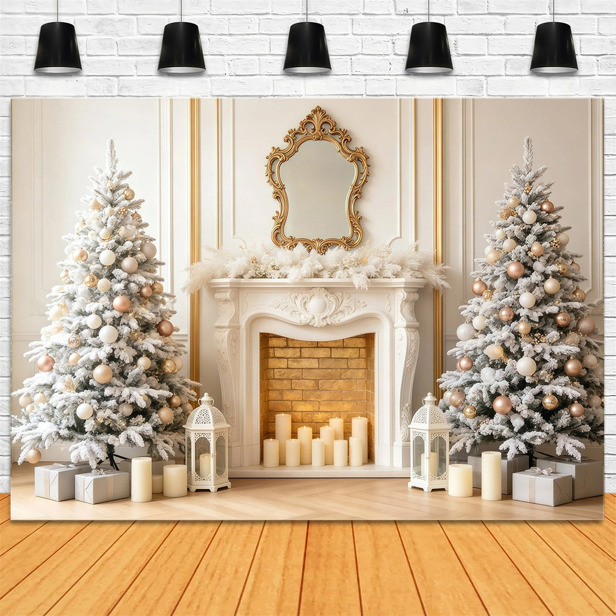 Décor De Noël Élégant Arbre De Cheminée En Or Blanc Fond Photographique De Noël GQ68-97