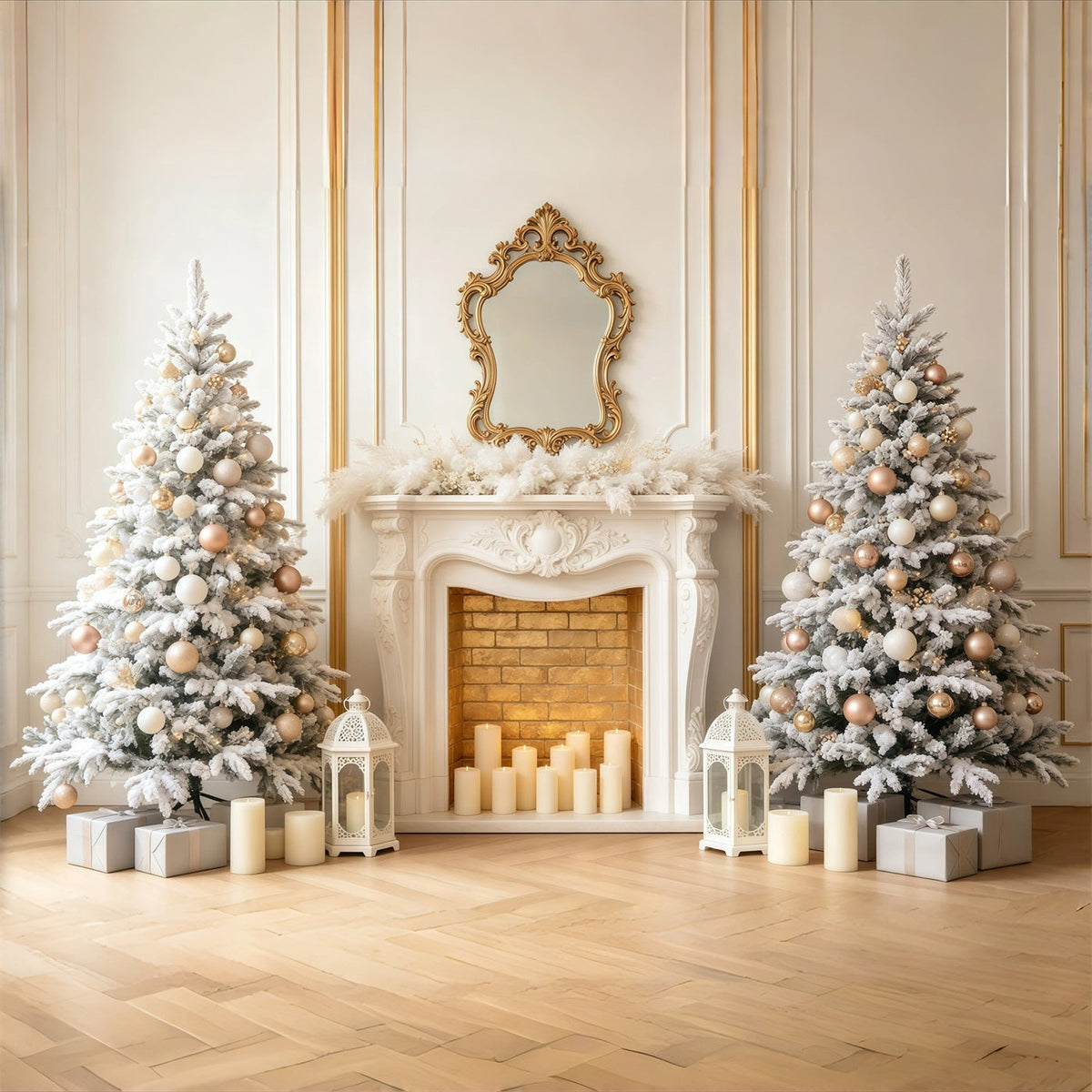 Décor De Noël Élégant Arbre De Cheminée En Or Blanc Fond Photographique De Noël GQ68-97