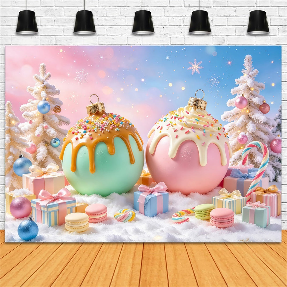 Fond De Noël Histoire De Noël Ornements Bonbons Rose Vert GQ69-100