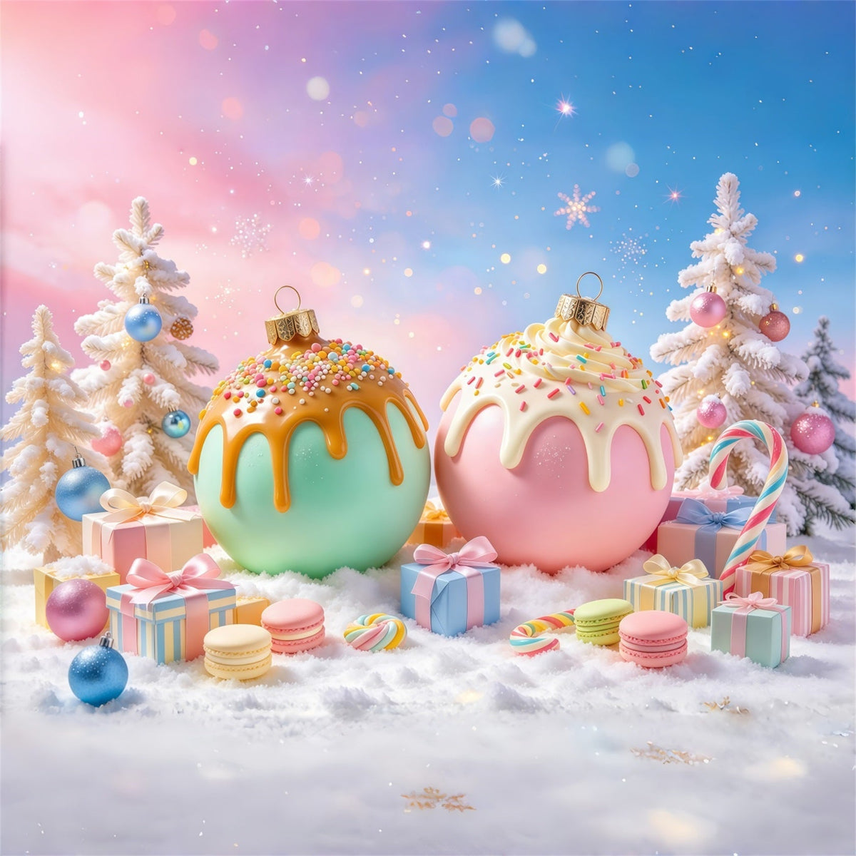 Fond De Noël Histoire De Noël Ornements Bonbons Rose Vert GQ69-100