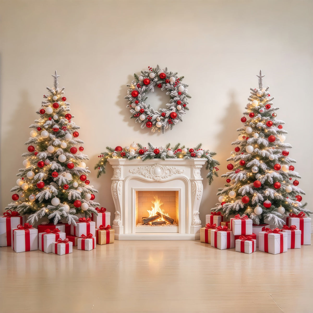 Fond De Noël Rouge Et Blanc Cheminée Chaleureuse GQ69-101