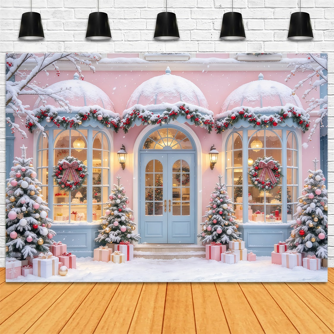 Fond Photo De Noël Boutique Pastel Rose Enneigée GQ69-102