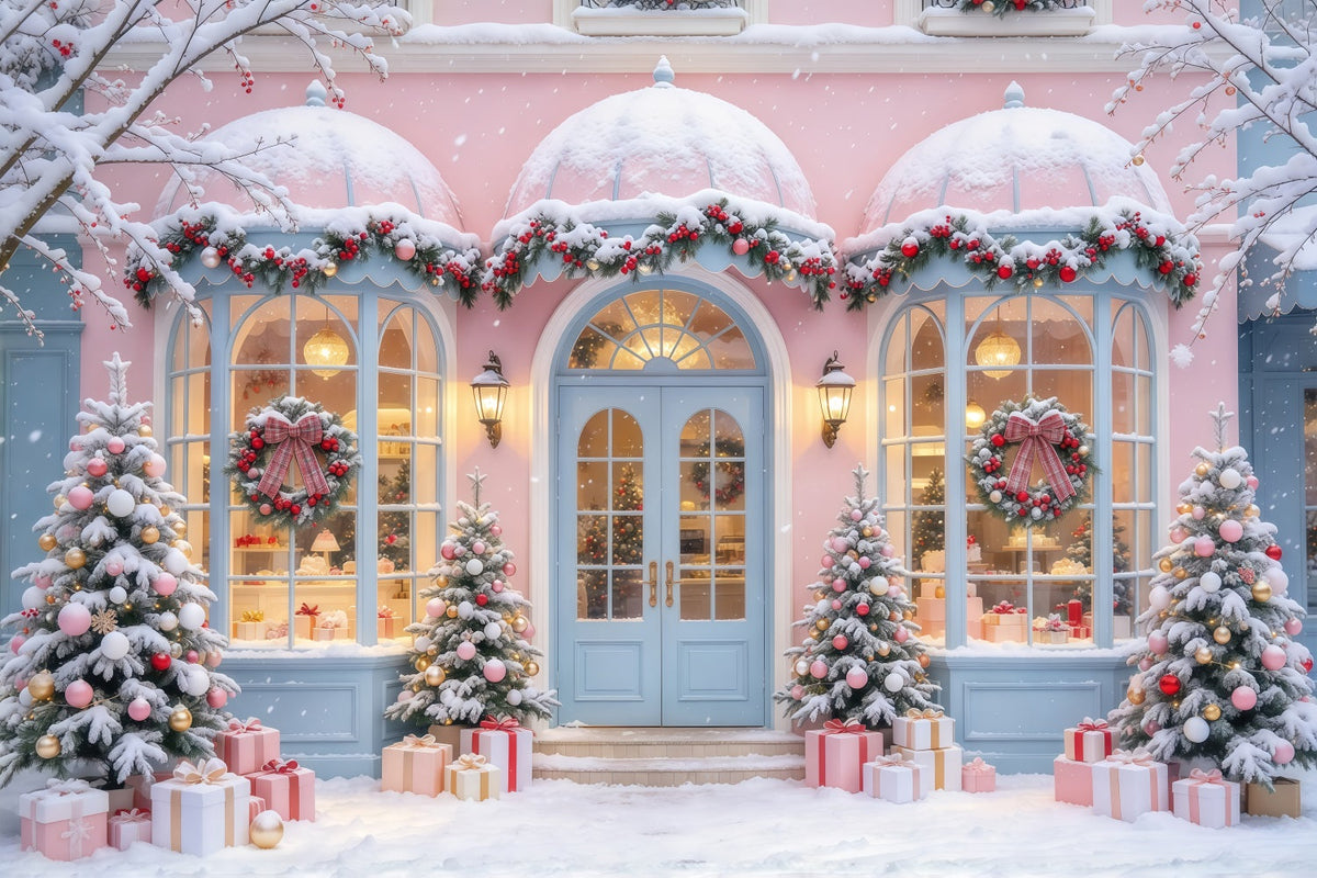 Fond Photo De Noël Boutique Pastel Rose Enneigée GQ69-102