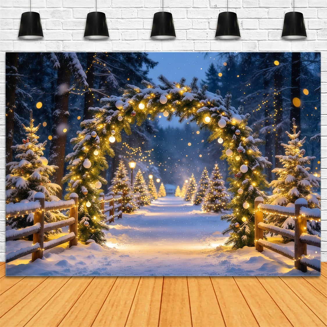 Fond De Noël Arche Illuminée Forêt Enneigée Bokeh GQ69-103