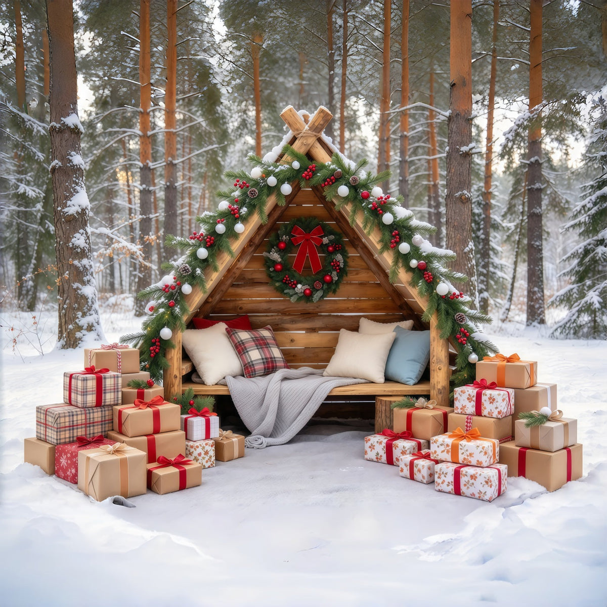 Fond Photo De Noël Cabane Rustique Forêt Hivernale GQ69-105