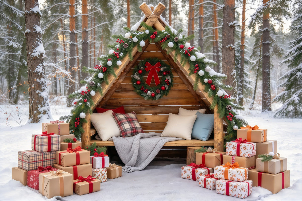 Fond Photo De Noël Cabane Rustique Forêt Hivernale GQ69-105