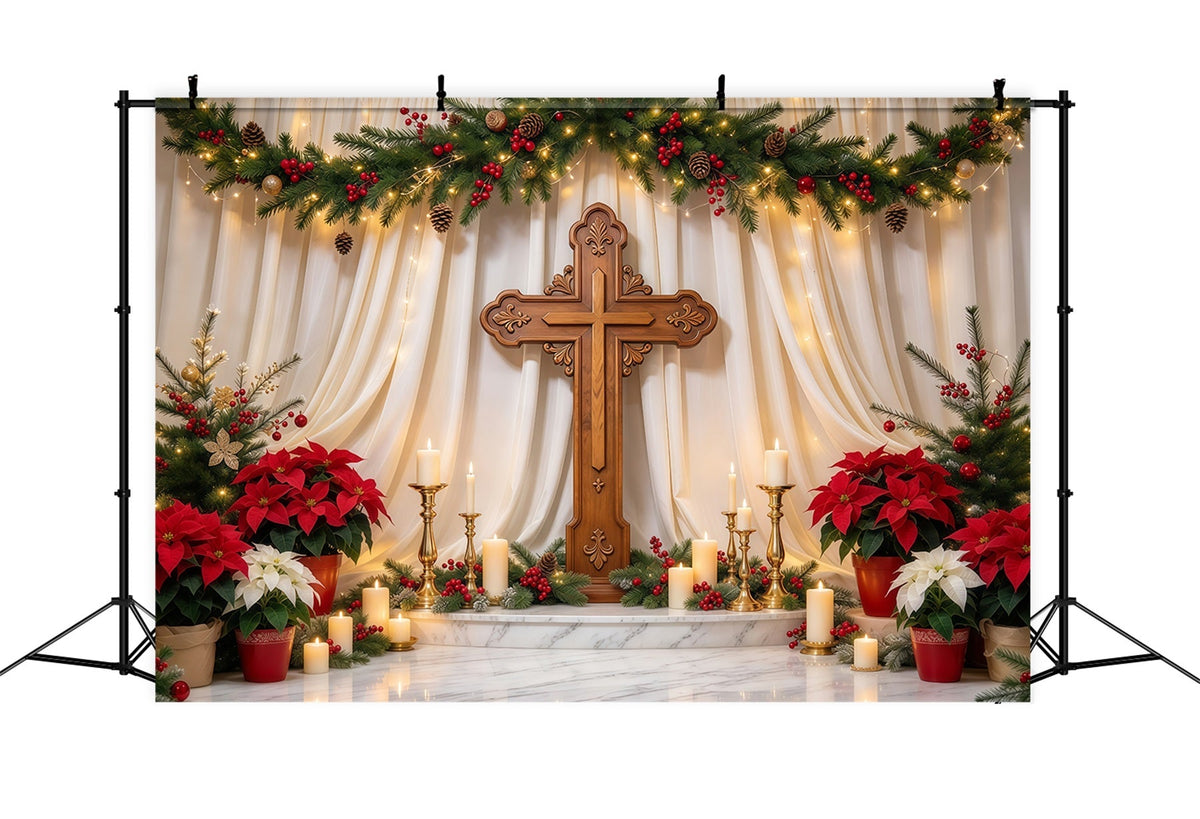 Fond De Noël Religieux Croix Poinsettia Lumière Bougies GQ69-106