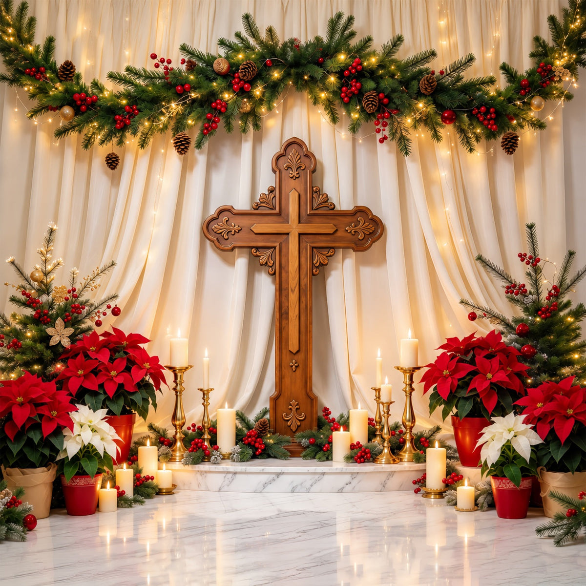 Fond De Noël Religieux Croix Poinsettia Lumière Bougies GQ69-106