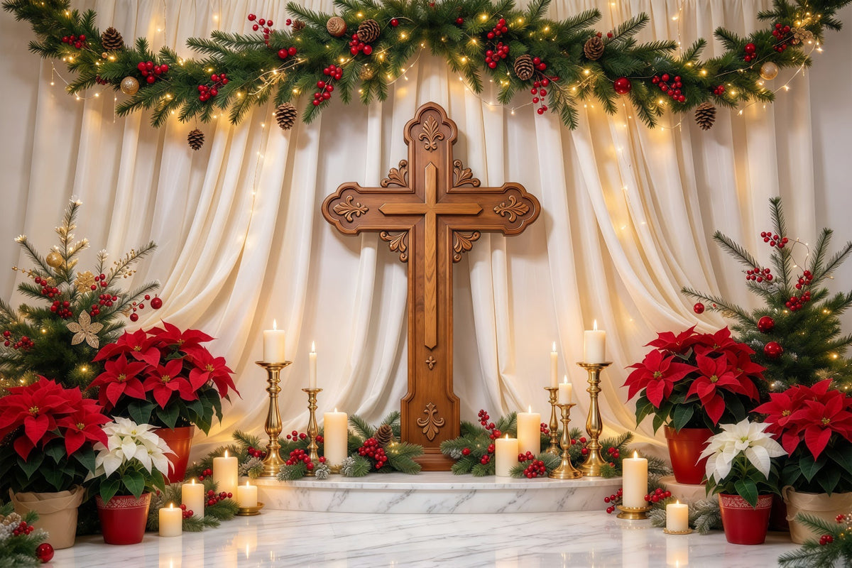 Fond De Noël Religieux Croix Poinsettia Lumière Bougies GQ69-106