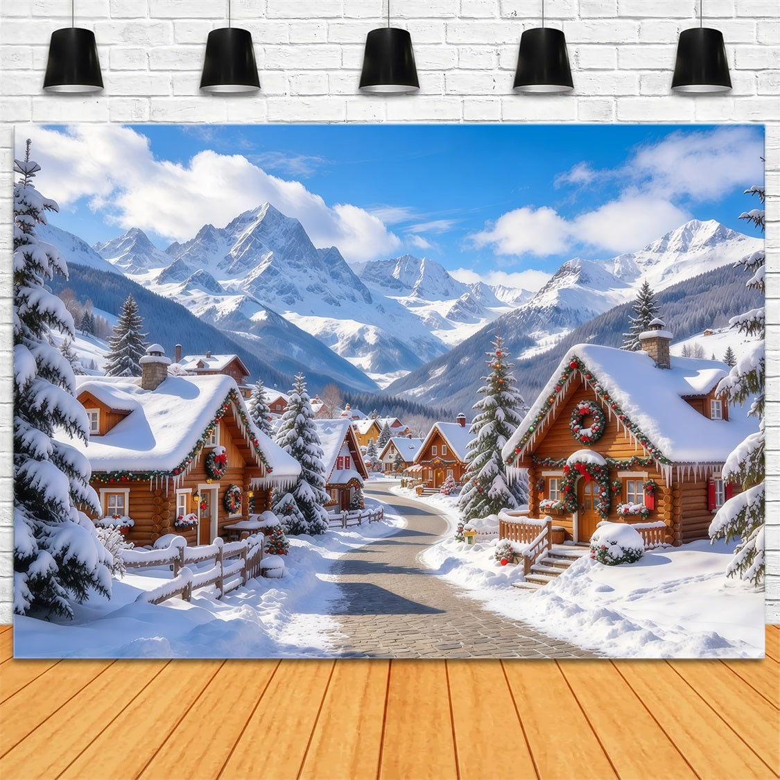 Fond De Village De Noël Chalet Alpin Campagne Enneigée GQ69-107