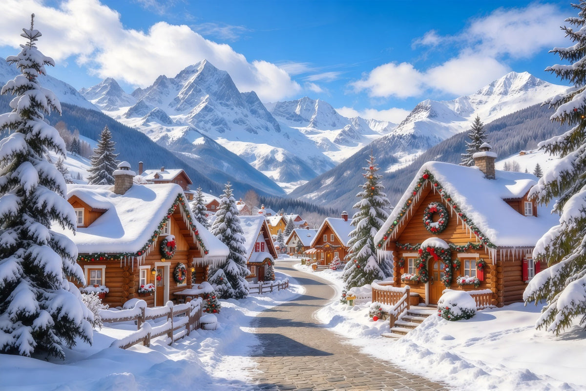Fond De Village De Noël Chalet Alpin Campagne Enneigée GQ69-107