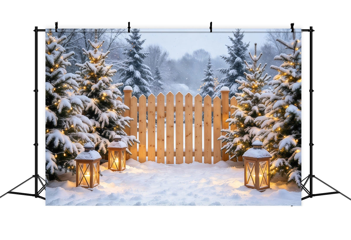 Fond De Noël Extérieur Clôture Lanternes Pins Enneigés GQ69-110