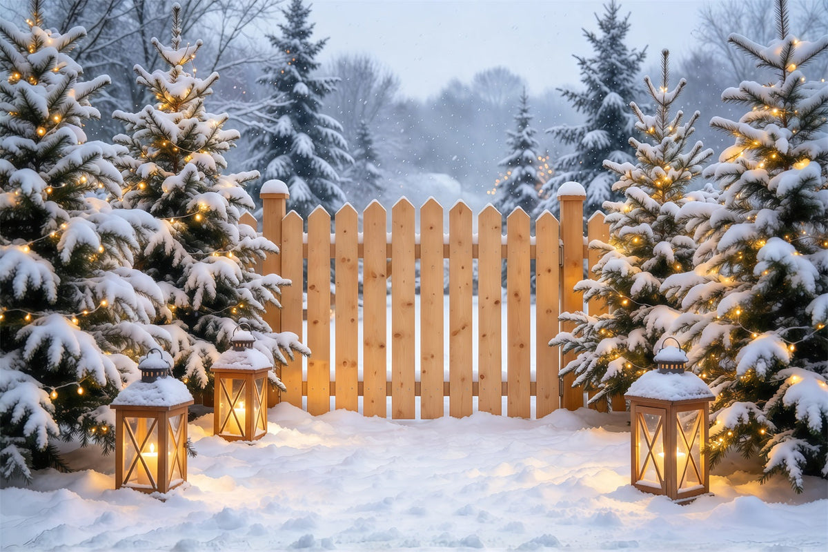 Fond De Noël Extérieur Clôture Lanternes Pins Enneigés GQ69-110