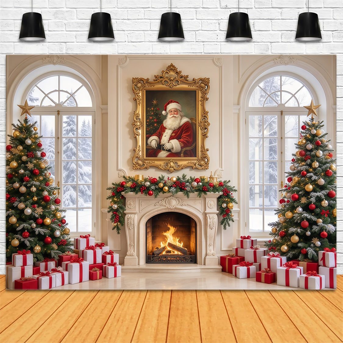 Fond Photo Père Noël Fenêtre Cheminée Décor GQ69-113