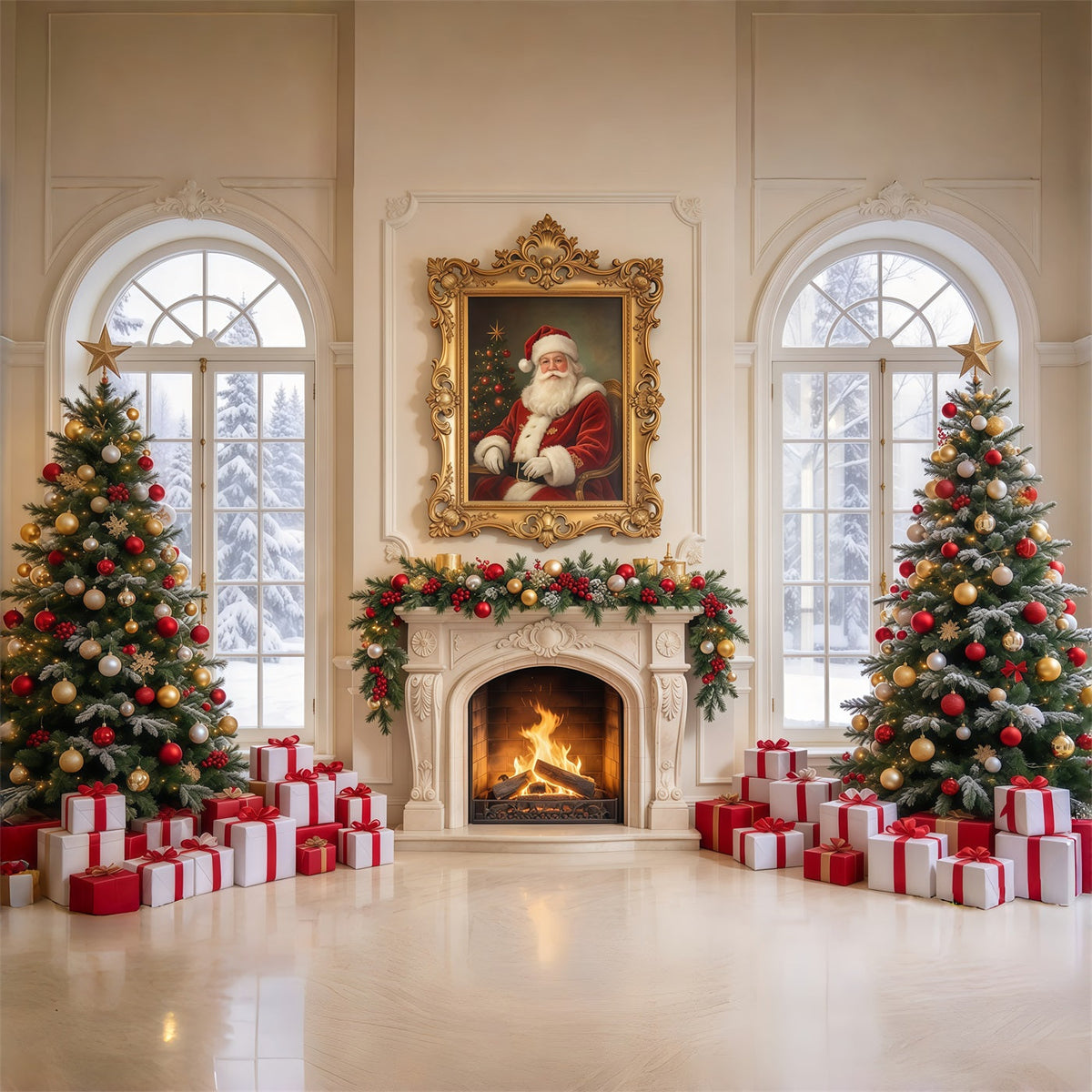 Fond Photo Père Noël Fenêtre Cheminée Décor GQ69-113