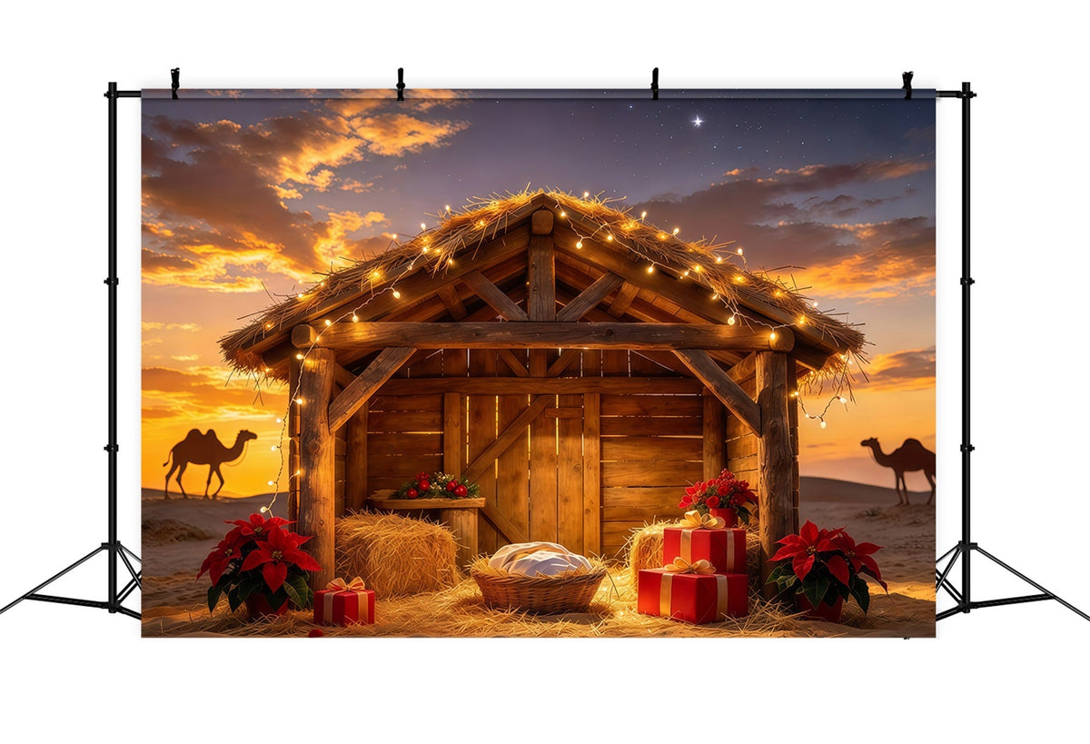 Fond De Crèche De Noël Étable Désert Grange Coucher Soleil GQ69-114