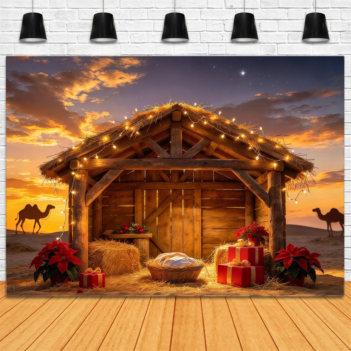 Fond De Crèche De Noël Étable Désert Grange Coucher Soleil GQ69-114