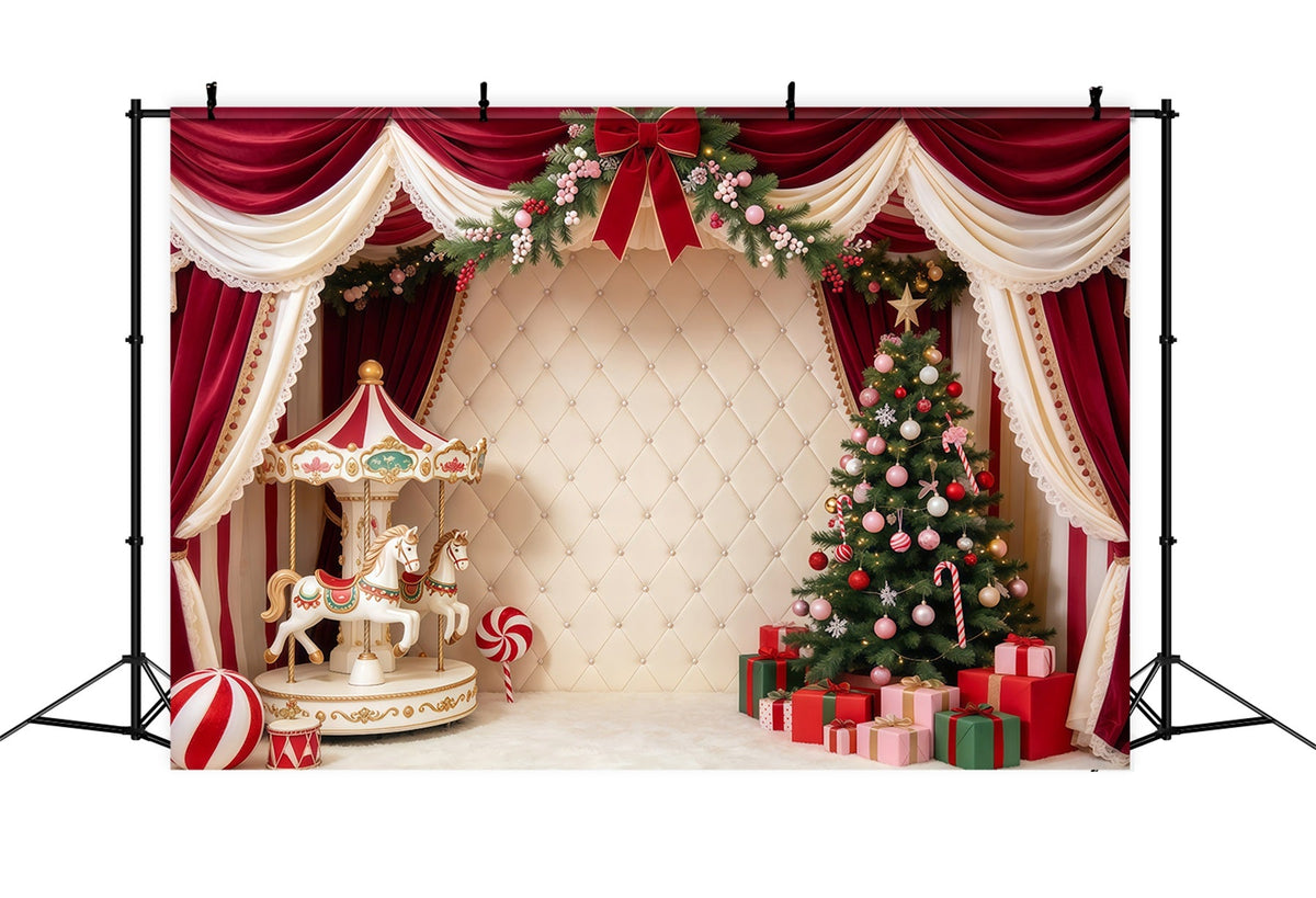 Fond Photo De Noël Famille Carrousel Velours Sapin GQ69-115