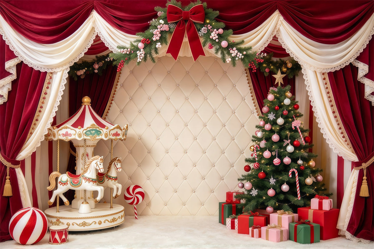 Fond Photo De Noël Famille Carrousel Velours Sapin GQ69-115