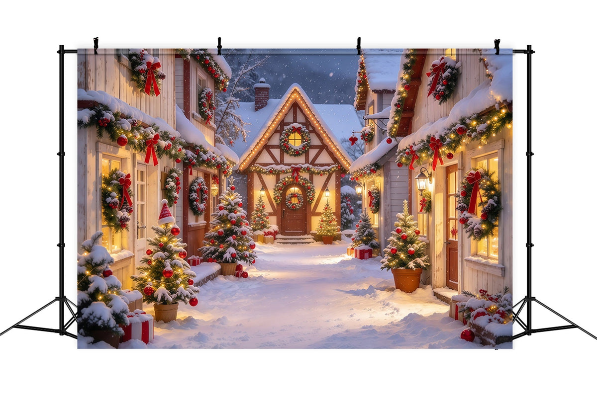 Fond De Noël Village Rue Guirlande Enneigée GQ69-118