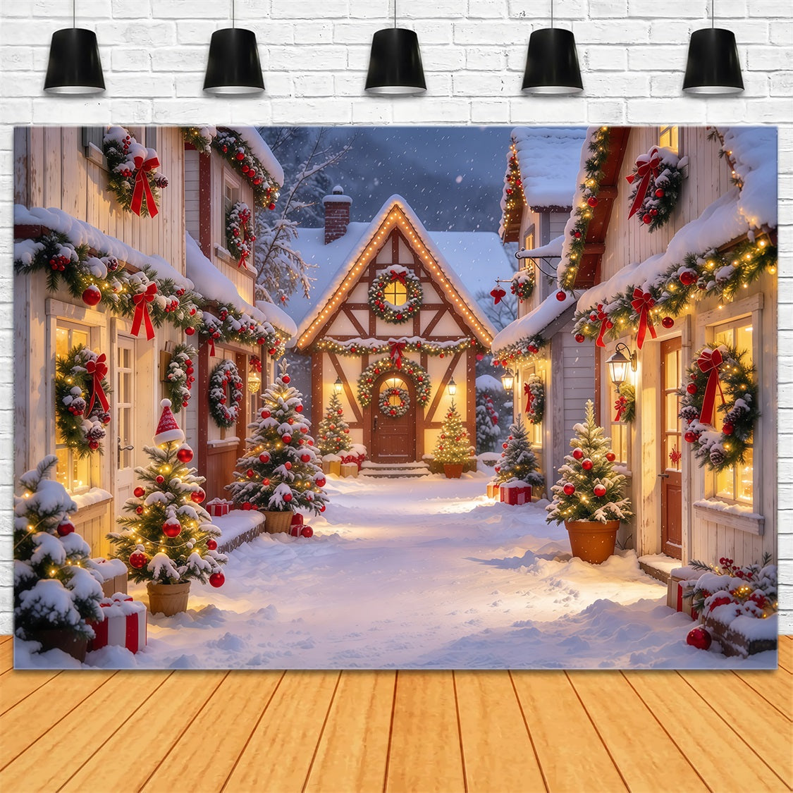 Fond De Noël Village Rue Guirlande Enneigée GQ69-118
