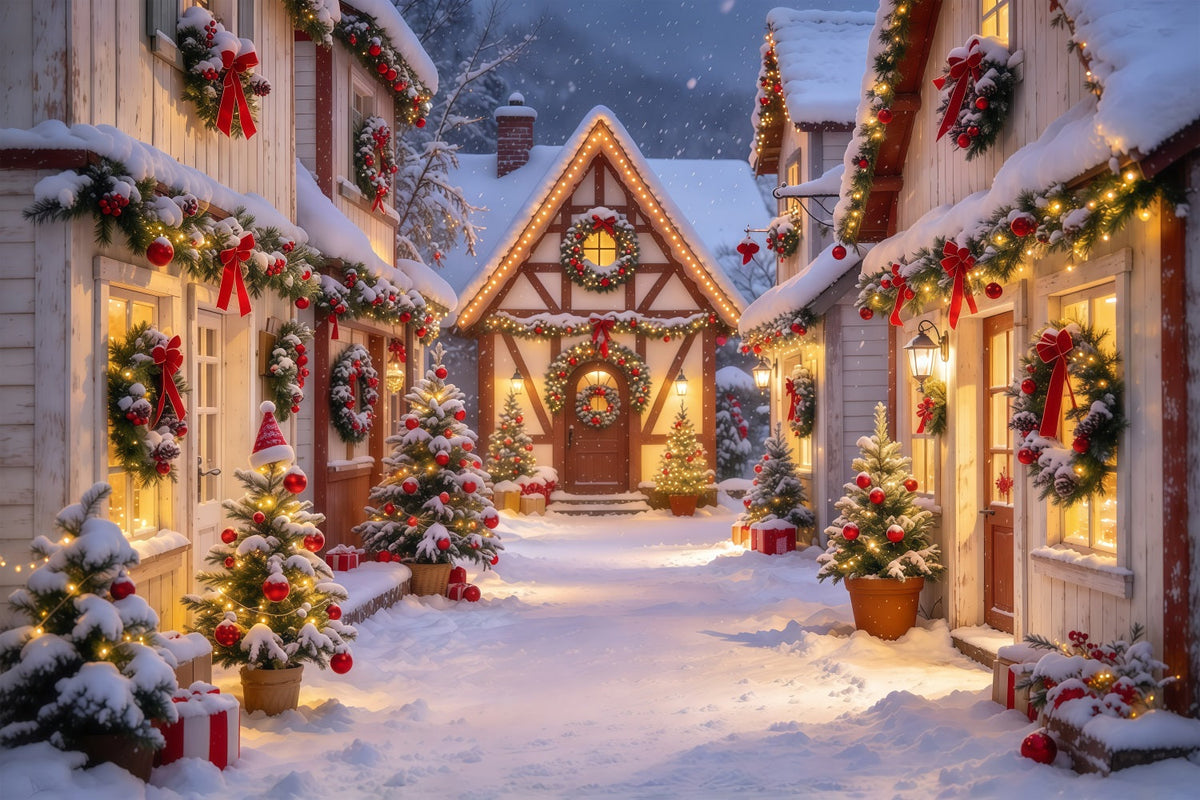 Fond De Noël Village Rue Guirlande Enneigée GQ69-118