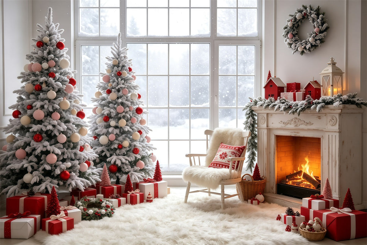Décor De Vitrine De Noël Salle De Cheminée Pink Tree Fond Mural De Noël GQ69-12