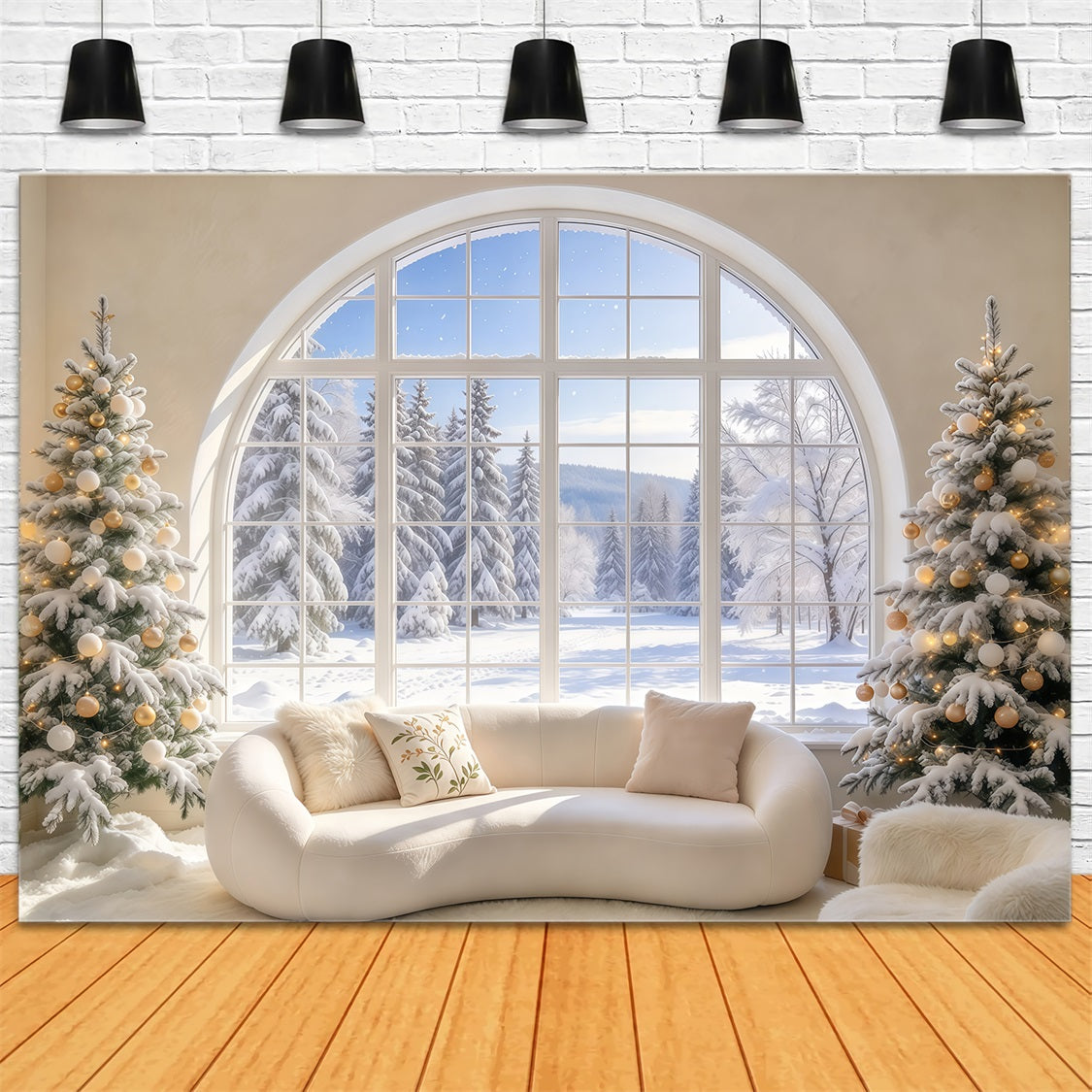 Fond De Noël Salon Fenêtre Arquée Enneigée Cadeaux GQ69-120