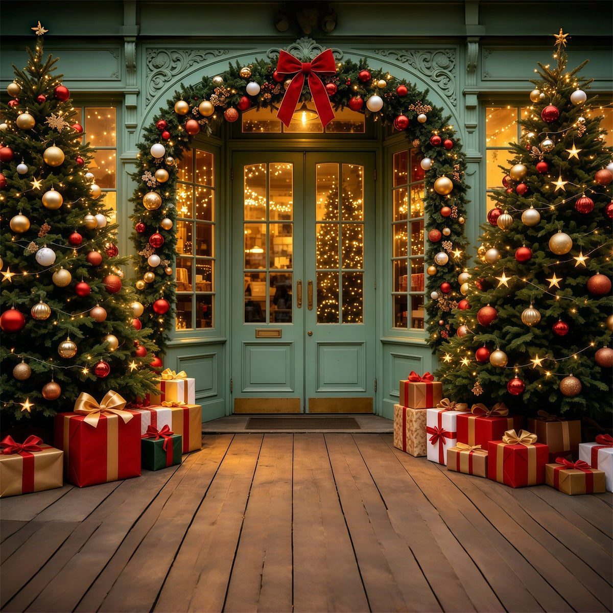 Décor De Magasin De Noël Entrée De La Guirlande De La Porte Verte Fond De Noël En Mousseline GQ69-13