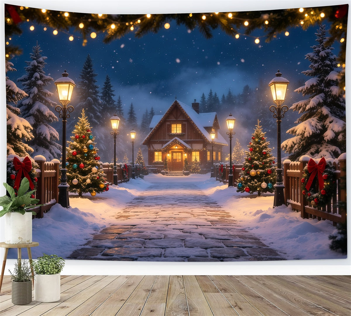 Décor De Noël D'Hiver Chemin Du Chalet Dans La Forêt Enneigée Fond En Mousseline De Noël GQ69-14