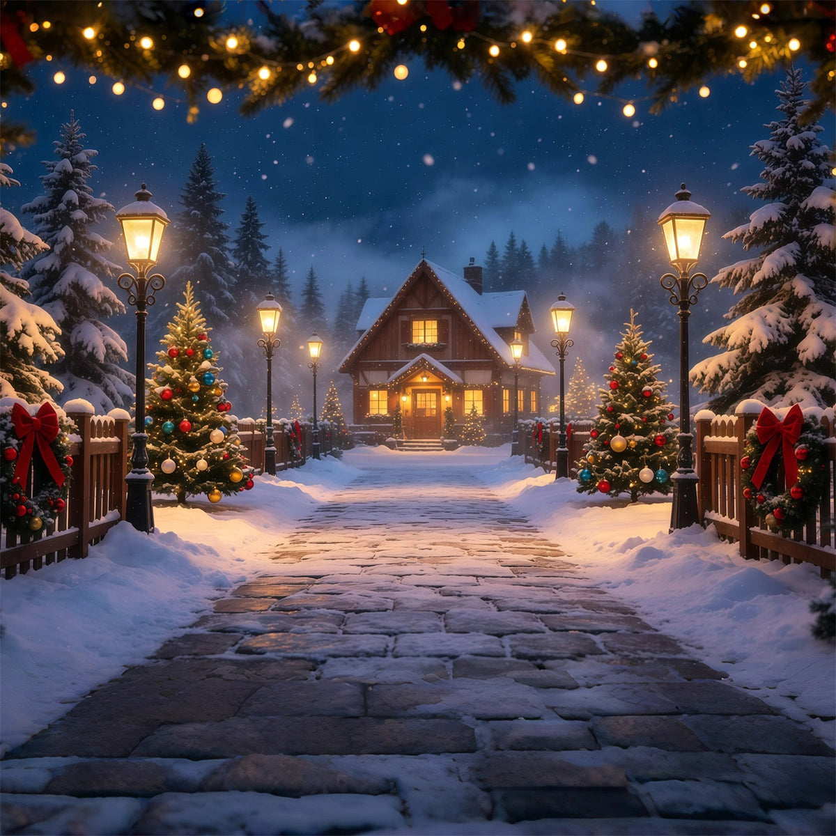 Décor De Noël D'Hiver Chemin Du Chalet Dans La Forêt Enneigée Fond En Mousseline De Noël GQ69-14