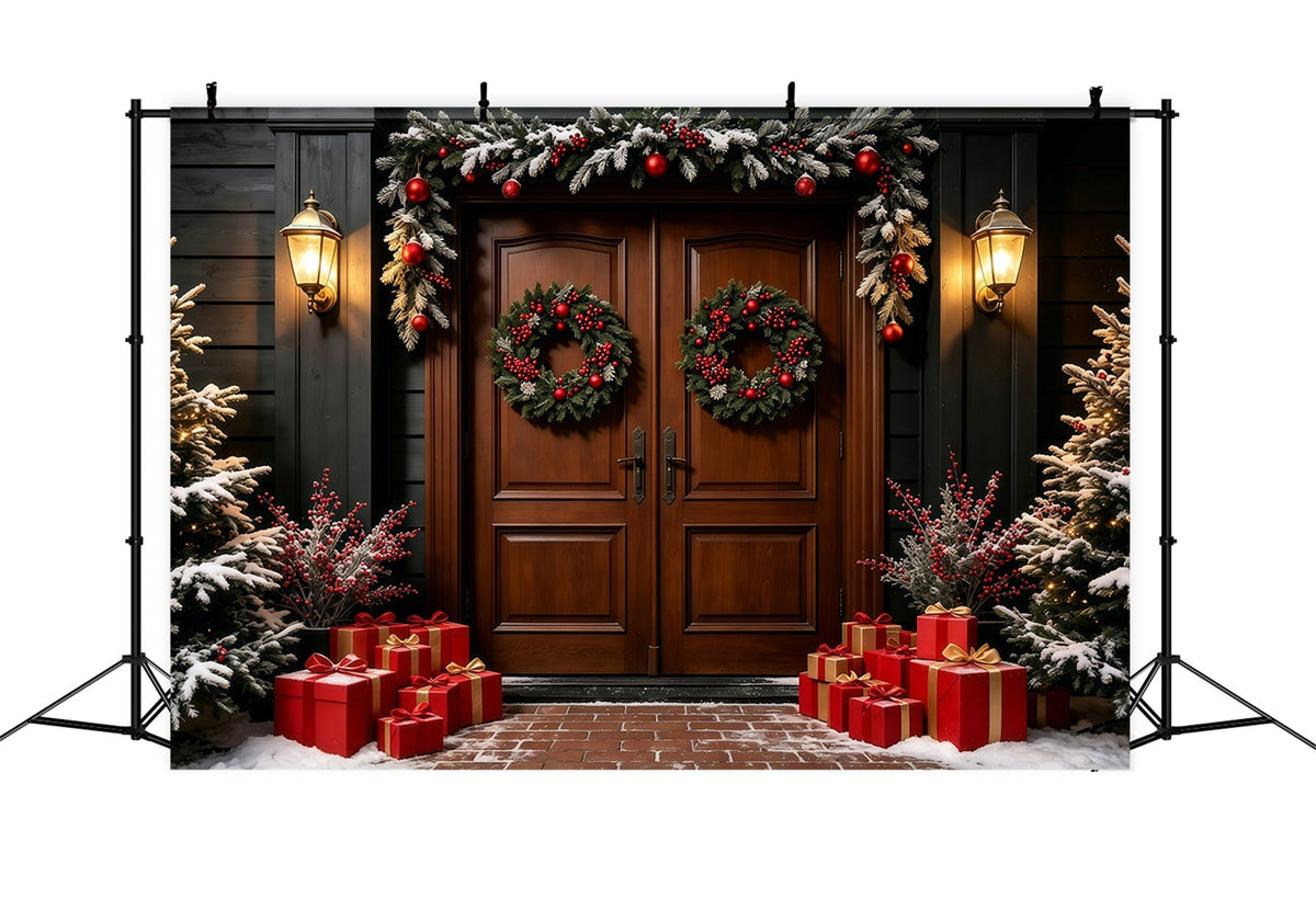 Fond Sombre De Noël Porte En Bois À Double Couronne Décors Photographiques De Noël GQ69-15