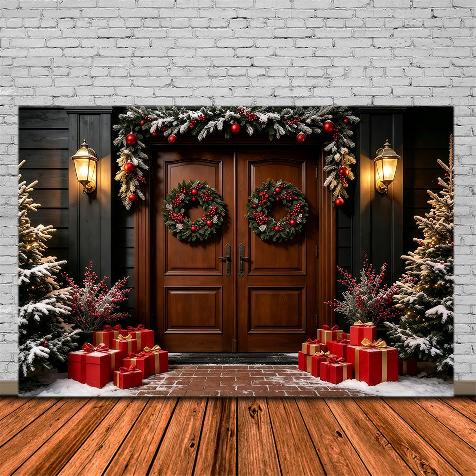 Fond Sombre De Noël Porte En Bois À Double Couronne Décors Photographiques De Noël GQ69-15