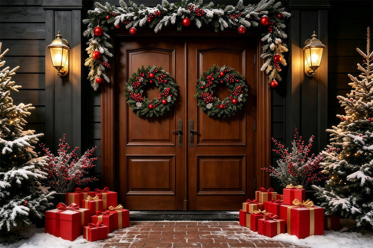 Fond Sombre De Noël Porte En Bois À Double Couronne Décors Photographiques De Noël GQ69-15