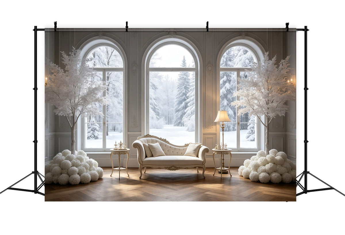 Décor De Noël Élégant Chambre Avec Fenêtre Blanche D'Hiver Toiles De Fond En Mousseline De Noël GQ69-16