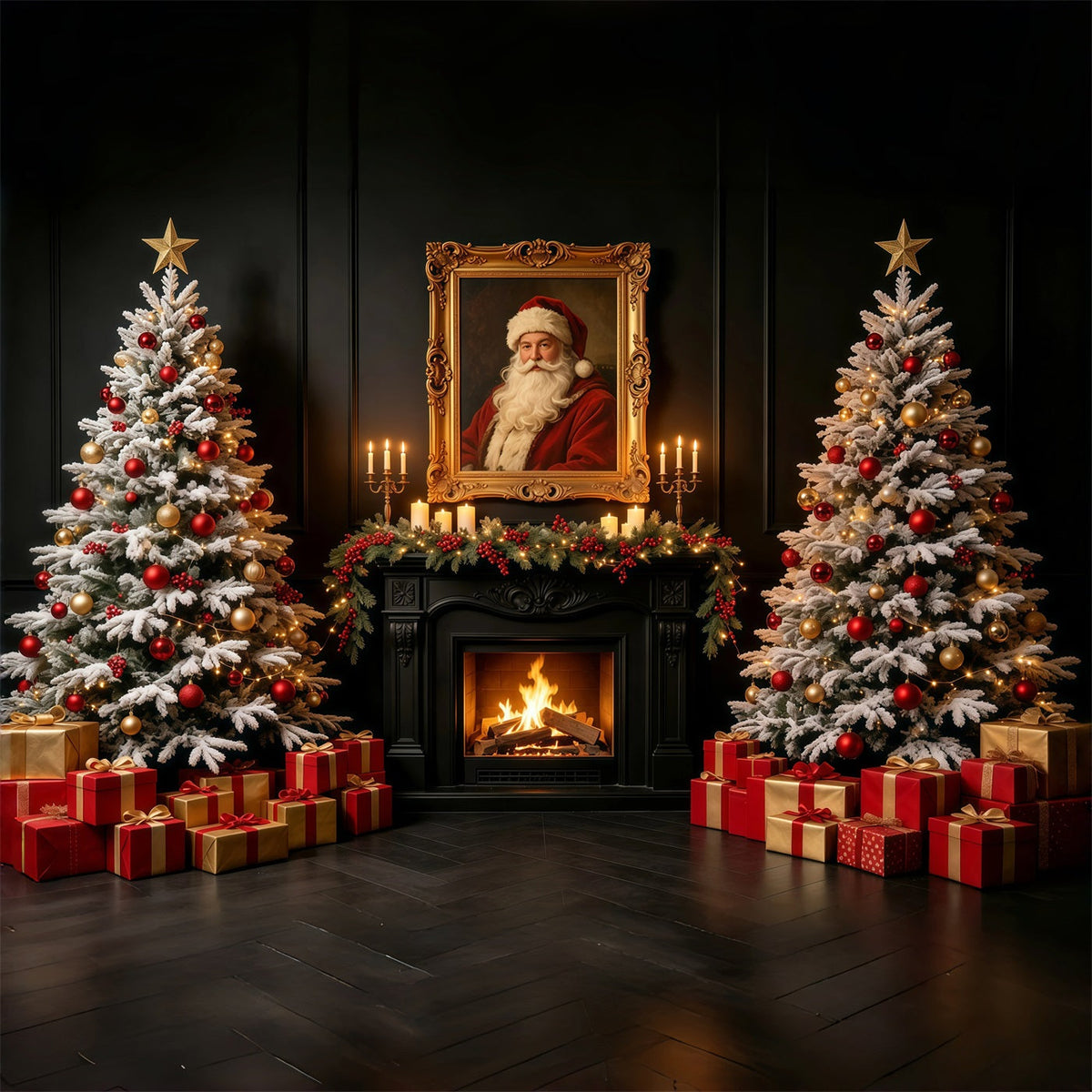 Décor De Noël Avec Le Père Noël Portrait Du Père Noël Devant Une Cheminée Sombre Fond Photo De Noël GQ69-2
