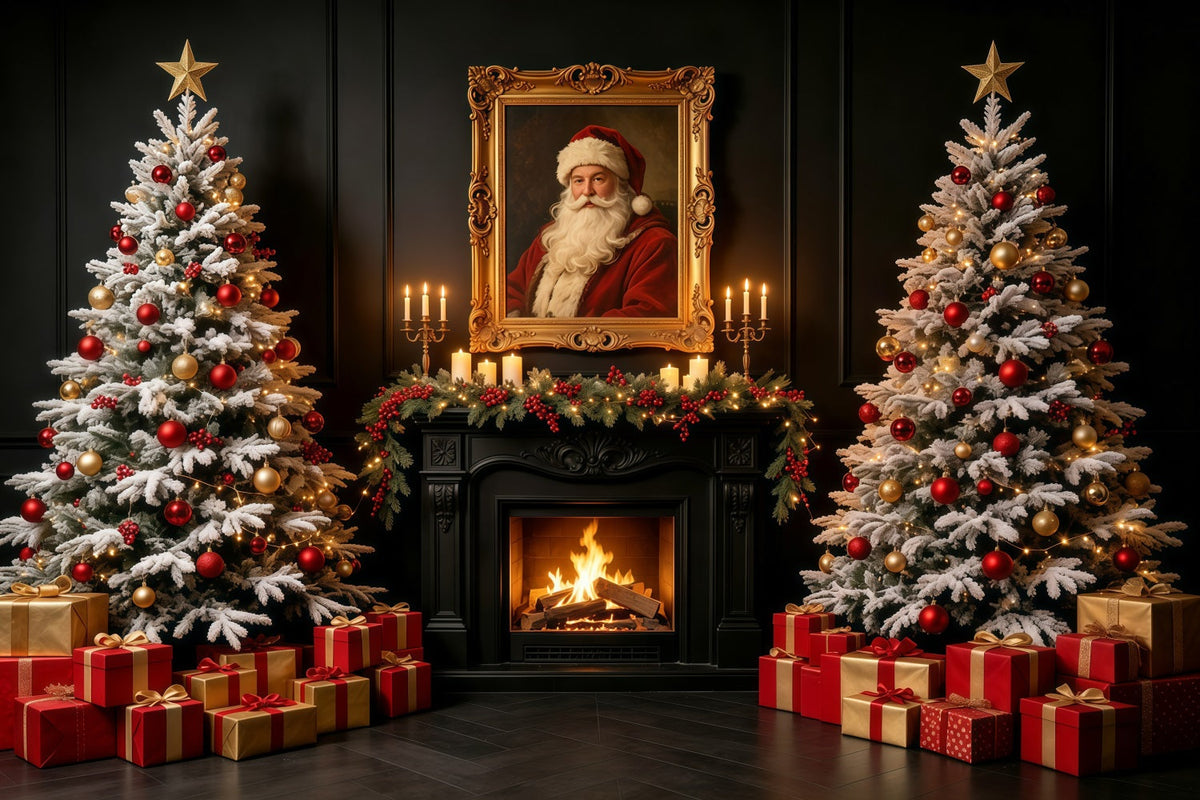 Décor De Noël Avec Le Père Noël Portrait Du Père Noël Devant Une Cheminée Sombre Fond Photo De Noël GQ69-2