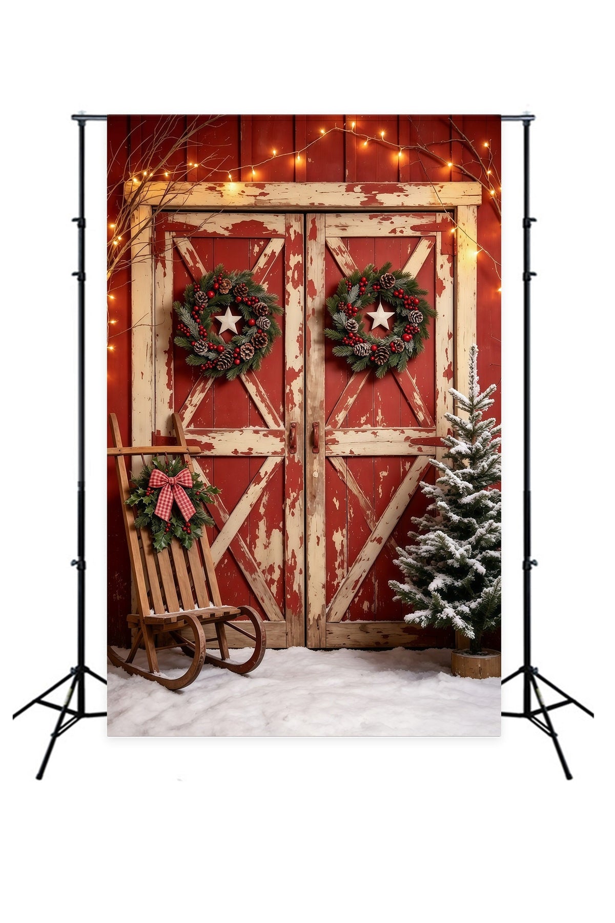 Décor De Porte De Noël Grange Rouge Rustique Enneigée Décors Photo De Noël GQ69-22