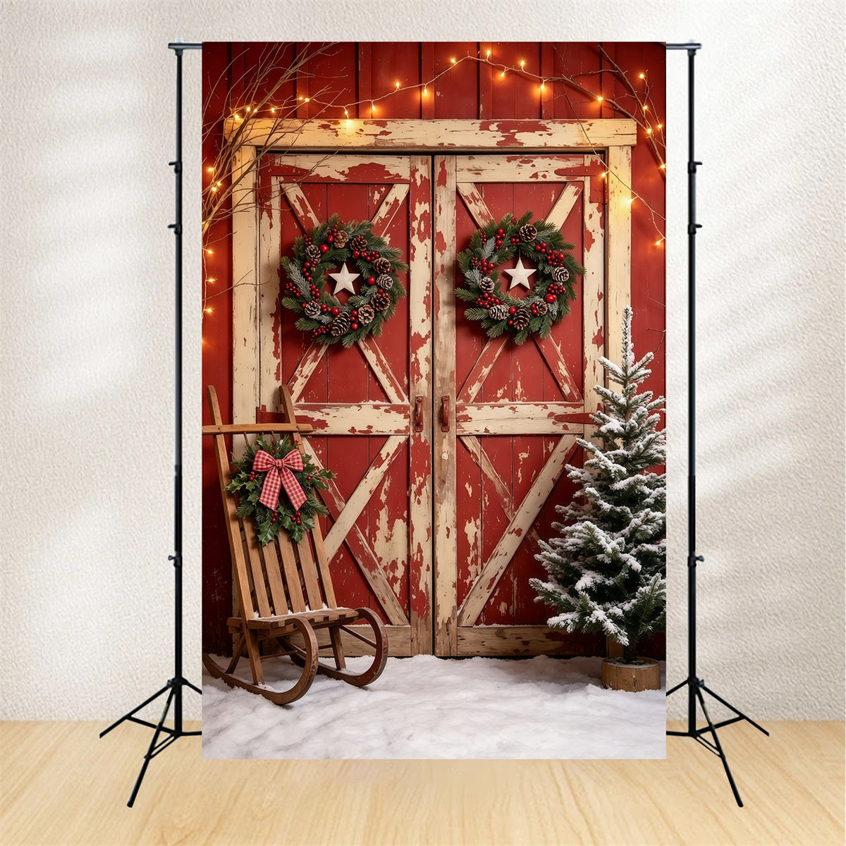 Décor De Porte De Noël Grange Rouge Rustique Enneigée Décors Photo De Noël GQ69-22